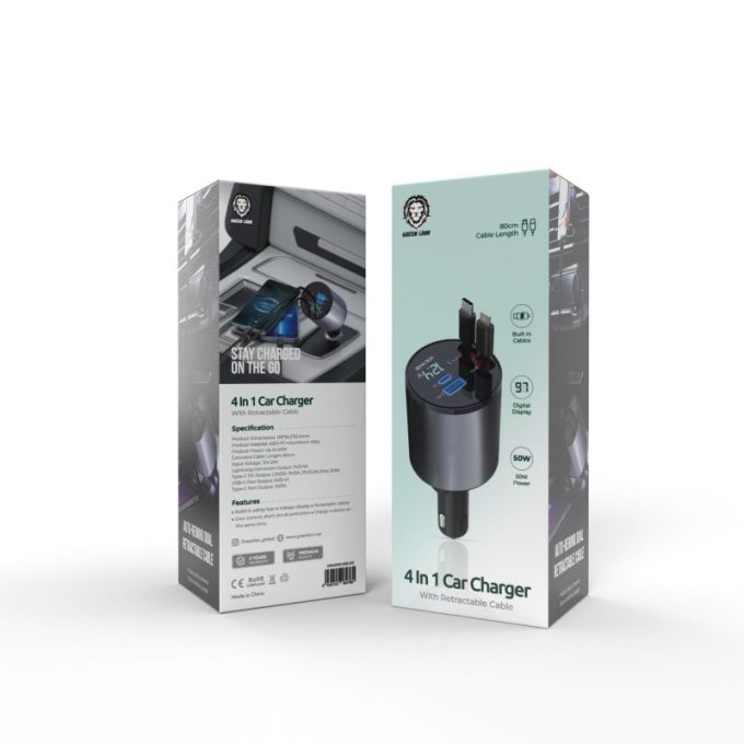شارژر ماشین 4در1 با کابل جمع شونده گرین مدل Green 4 IN 1 Car Charger With Retractable Cable