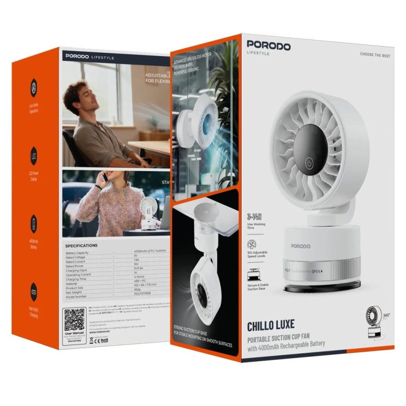 پنکه شارژی رومیزی وکیومی پرودو مدل Porodo Chillo Luxe Portable Suction Cup Fan PDLFSTF608 - تصویر 2